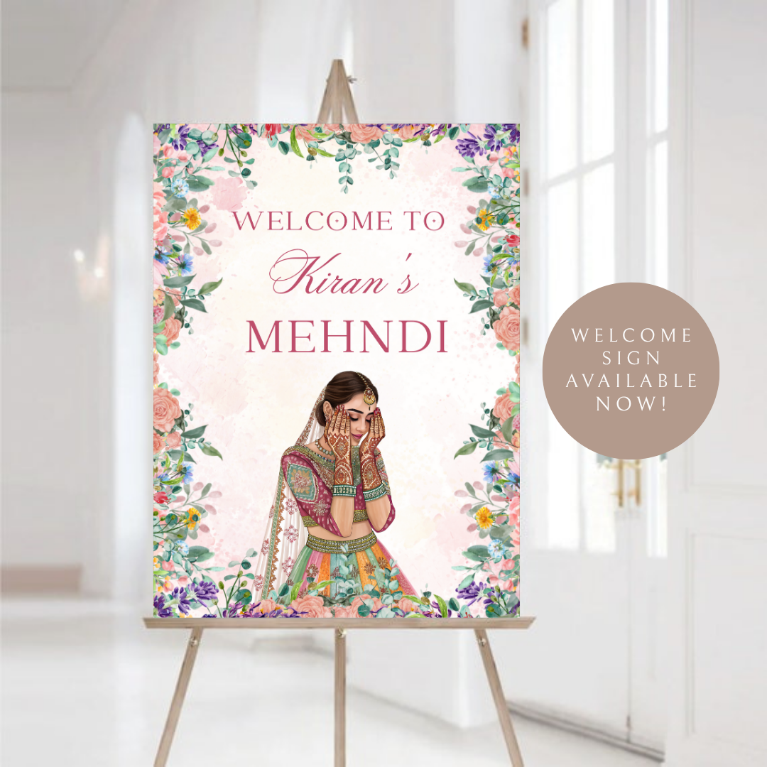 Floral Mehndi Welcome Sign Template | Editable Canva Digital Download | A2 Size | Printable Haldi Ladies Sangeet Sign | Mehndi Decor