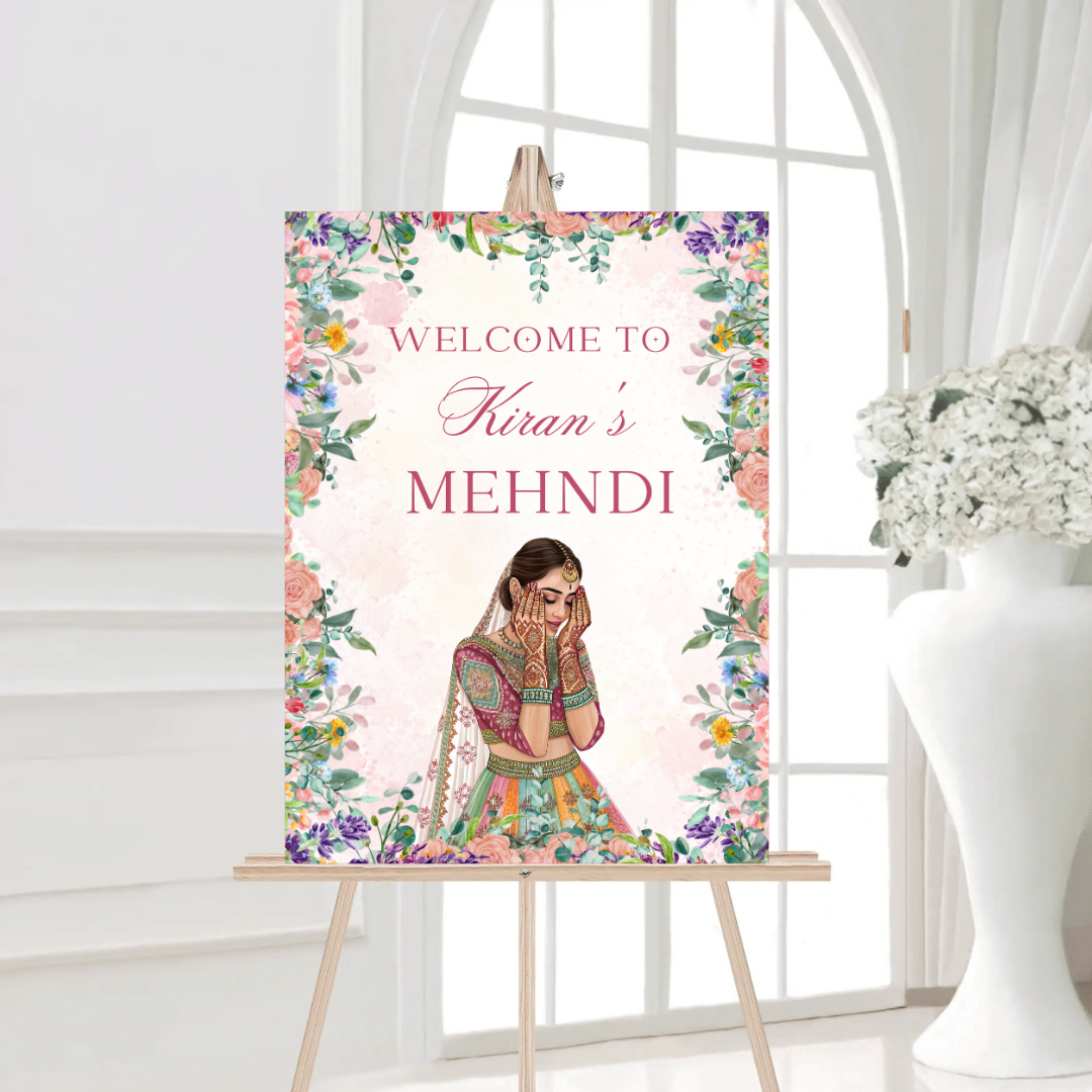 Floral Mehndi Welcome Sign Template | Editable Canva Digital Download | A2 Size | Printable Haldi Ladies Sangeet Sign | Mehndi Decor