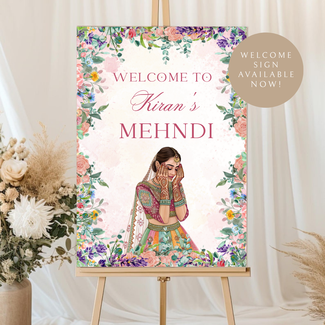 Floral Mehndi Welcome Sign Template | Editable Canva Digital Download | A2 Size | Printable Haldi Ladies Sangeet Sign | Mehndi Decor