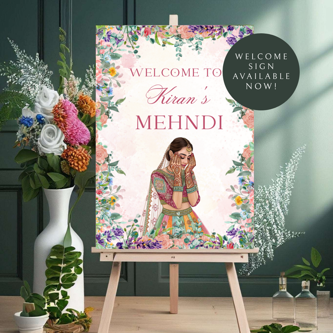 Floral Mehndi Welcome Sign Template | Editable Canva Digital Download | A2 Size | Printable Haldi Ladies Sangeet Sign | Mehndi Decor
