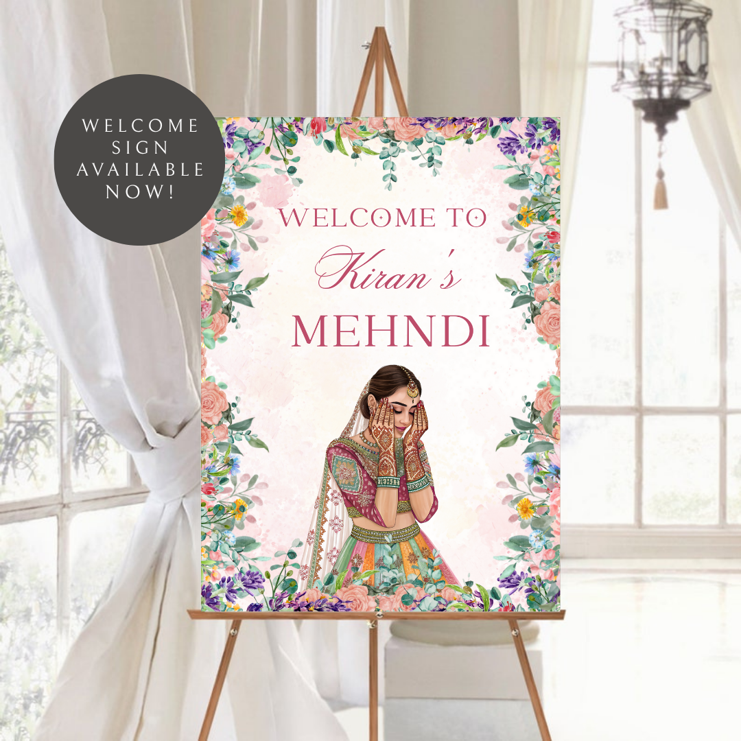 Floral Mehndi Welcome Sign Template | Editable Canva Digital Download | A2 Size | Printable Haldi Ladies Sangeet Sign | Mehndi Decor