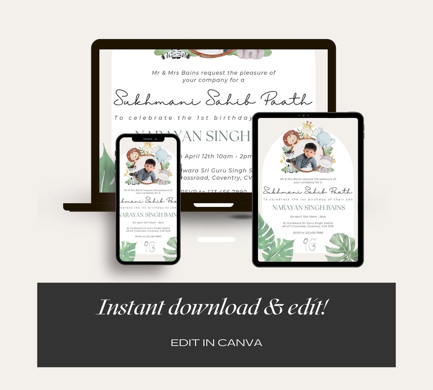 Editable Digital Sukhmani Sahib Paath Invitation, Modern Neutral Green Jungle Design, Canva Editable, Sikh Occasion, Boy's 1st Birthday
