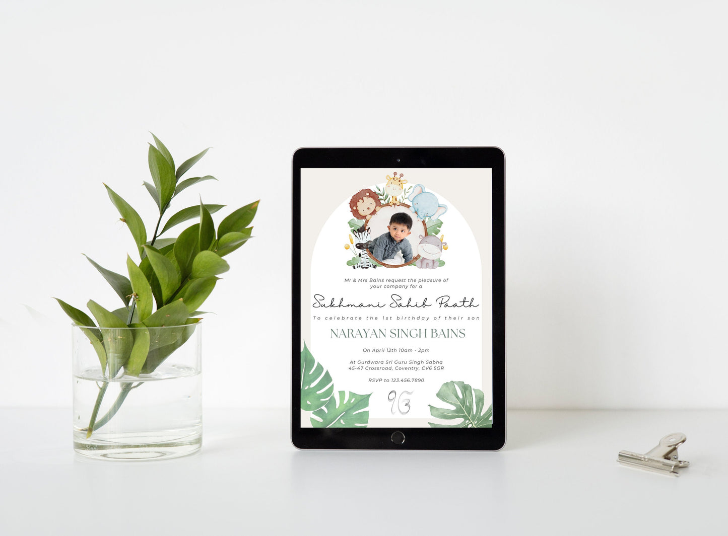 Editable Digital Sukhmani Sahib Paath Invitation, Modern Neutral Green Jungle Design, Canva Editable, Sikh Occasion, Boy's 1st Birthday