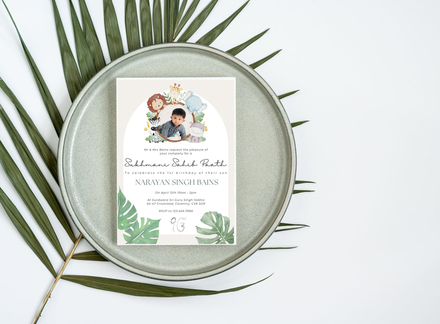 Editable Digital Sukhmani Sahib Paath Invitation, Modern Neutral Green Jungle Design, Canva Editable, Sikh Occasion, Boy's 1st Birthday