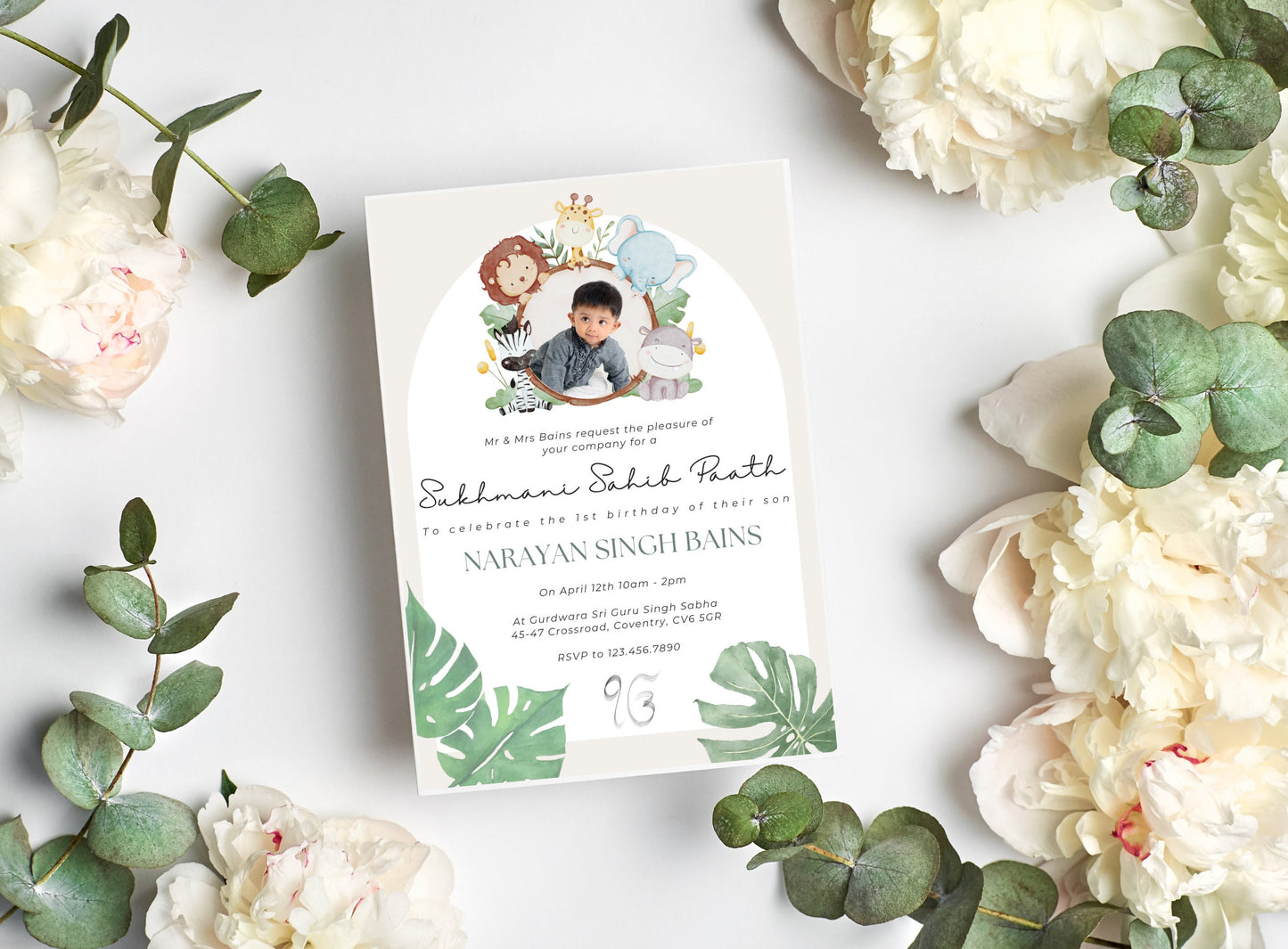 Editable Digital Sukhmani Sahib Paath Invitation, Modern Neutral Green Jungle Design, Canva Editable, Sikh Occasion, Boy's 1st Birthday