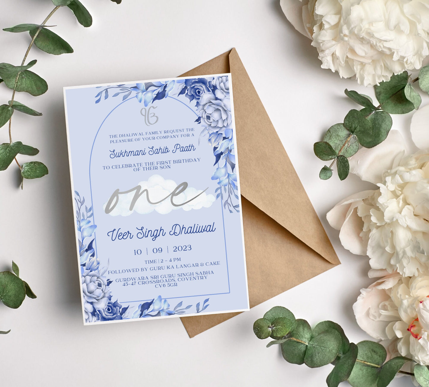 Digital Sukhmani Sahib Paath Invitation, Son's 1st Birthday, Modern Minimalist Blue Floral Theme, Instant DIY Editable, Sikh Blessing