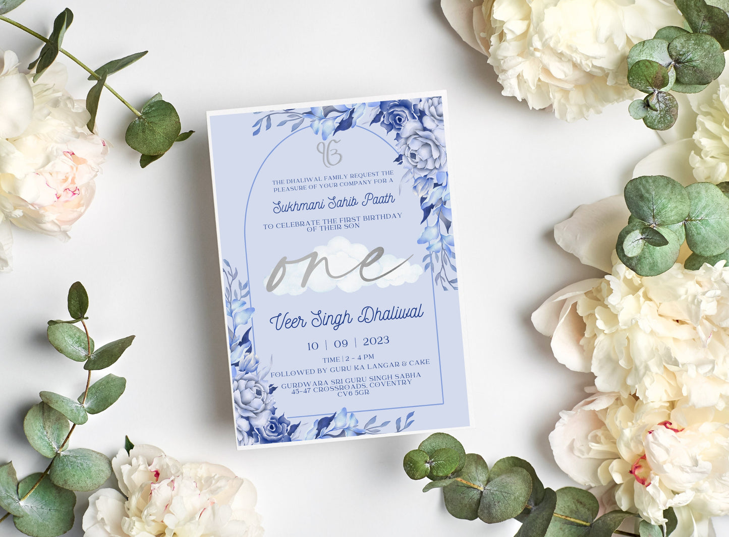 Digital Sukhmani Sahib Paath Invitation, Son's 1st Birthday, Modern Minimalist Blue Floral Theme, Instant DIY Editable, Sikh Blessing