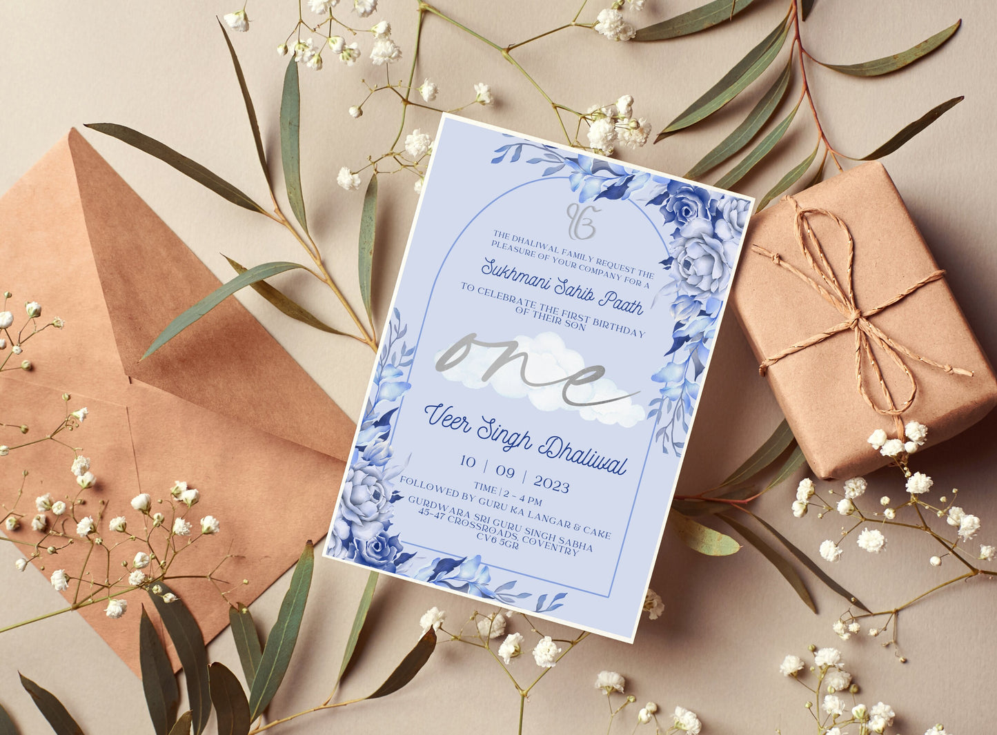 Digital Sukhmani Sahib Paath Invitation, Son's 1st Birthday, Modern Minimalist Blue Floral Theme, Instant DIY Editable, Sikh Blessing