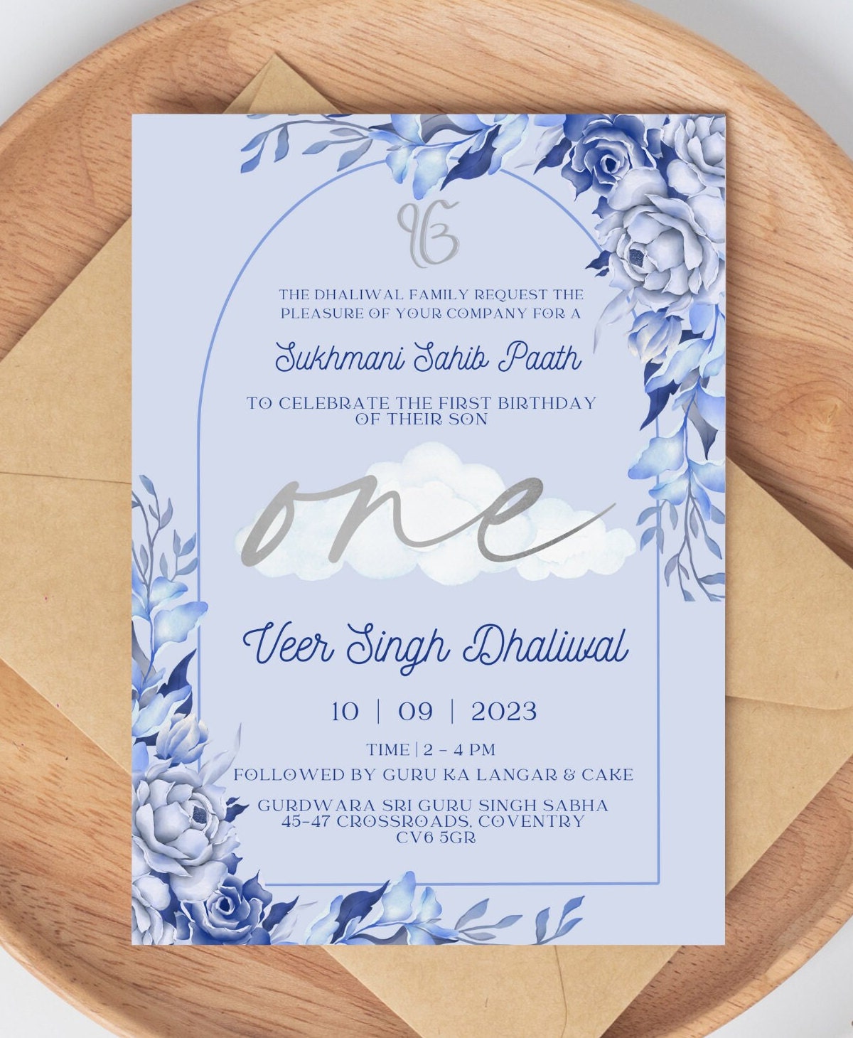 Digital Sukhmani Sahib Paath Invitation, Son's 1st Birthday, Modern Minimalist Blue Floral Theme, Instant DIY Editable, Sikh Blessing