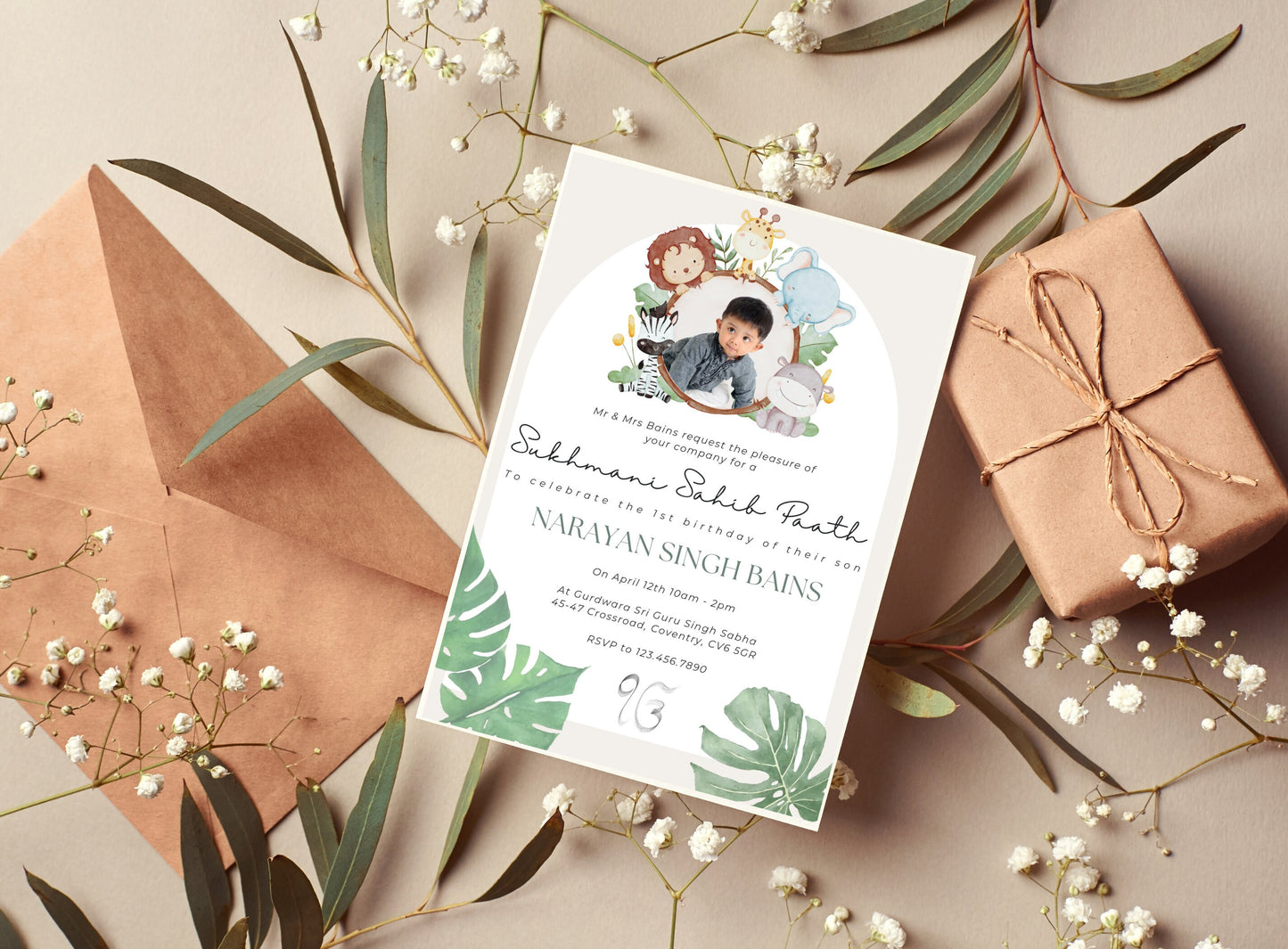 Editable Digital Sukhmani Sahib Paath Invitation, Modern Neutral Green Jungle Design, Canva Editable, Sikh Occasion, Boy's 1st Birthday