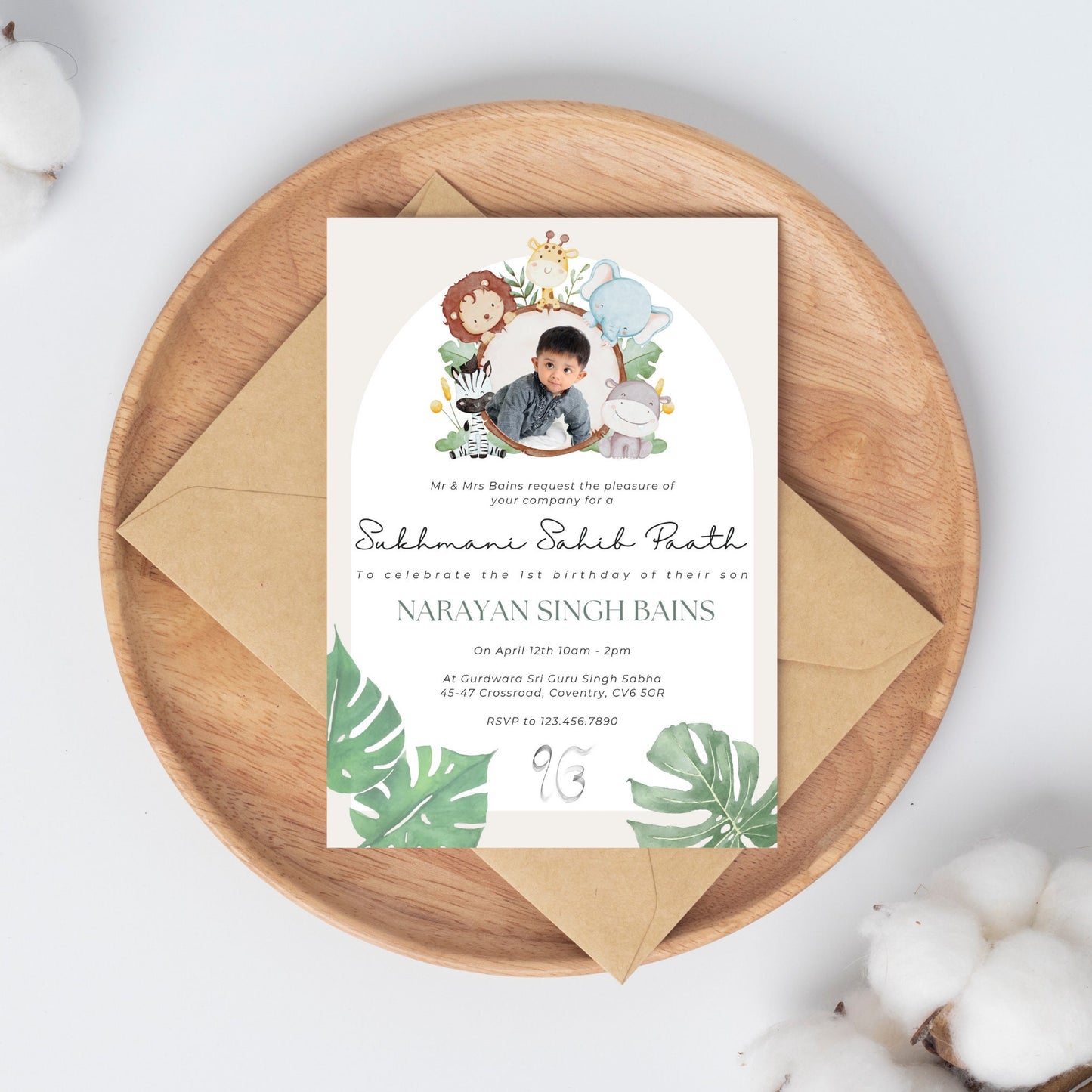 Jungle themed birthday invitation that includes giraffe, elephant, lion, zebra and rhino. Editable Canva template with photo for sukhmani sahib paath. Features watercolours with touch of greenery. Perfect elegant design to bless your little one.