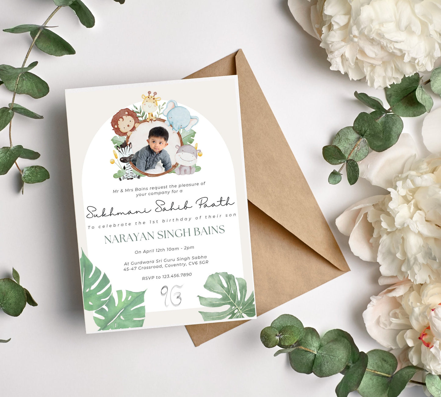 Editable Digital Sukhmani Sahib Paath Invitation, Modern Neutral Green Jungle Design, Canva Editable, Sikh Occasion, Boy's 1st Birthday