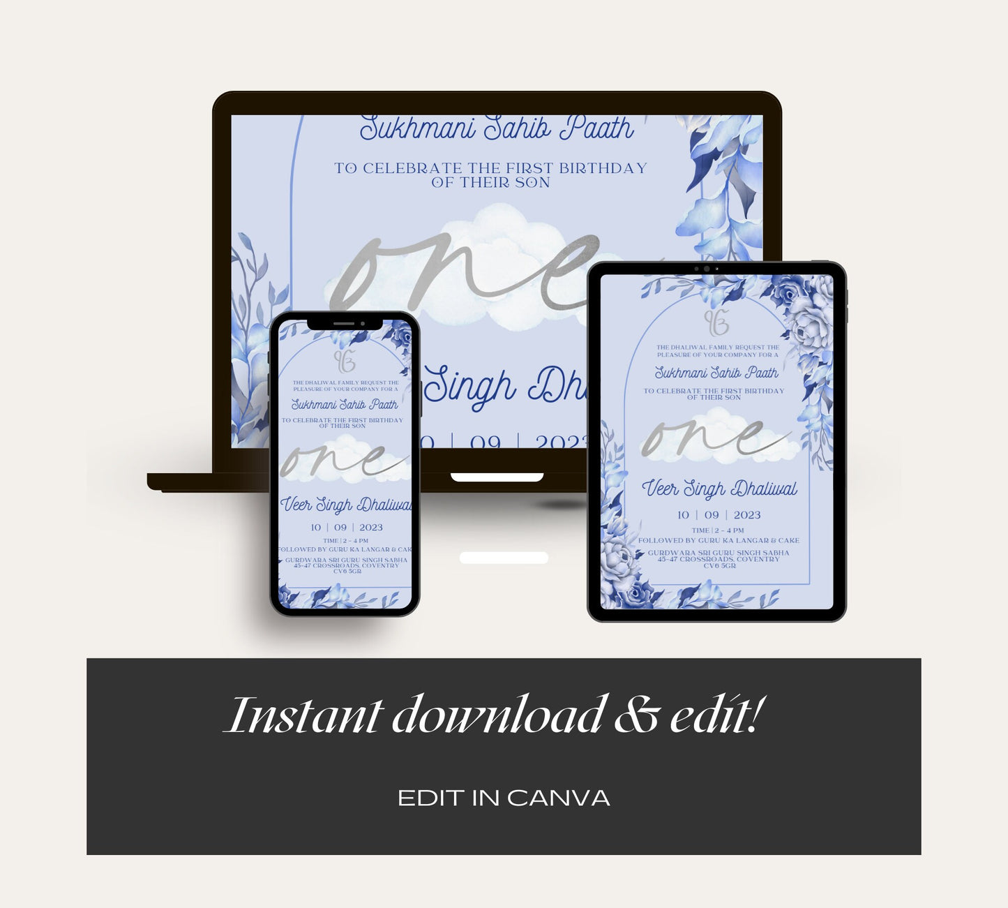 Digital Sukhmani Sahib Paath Invitation, Son's 1st Birthday, Modern Minimalist Blue Floral Theme, Instant DIY Editable, Sikh Blessing