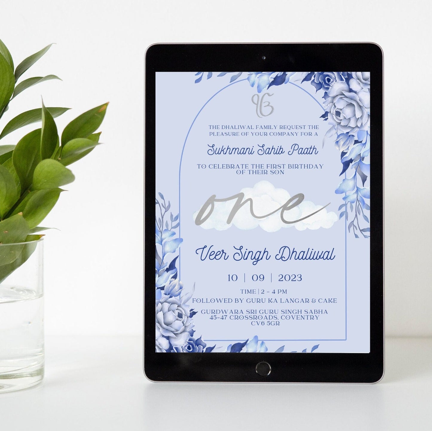Digital Sukhmani Sahib Paath Invitation, Son's 1st Birthday, Modern Minimalist Blue Floral Theme, Instant DIY Editable, Sikh Blessing