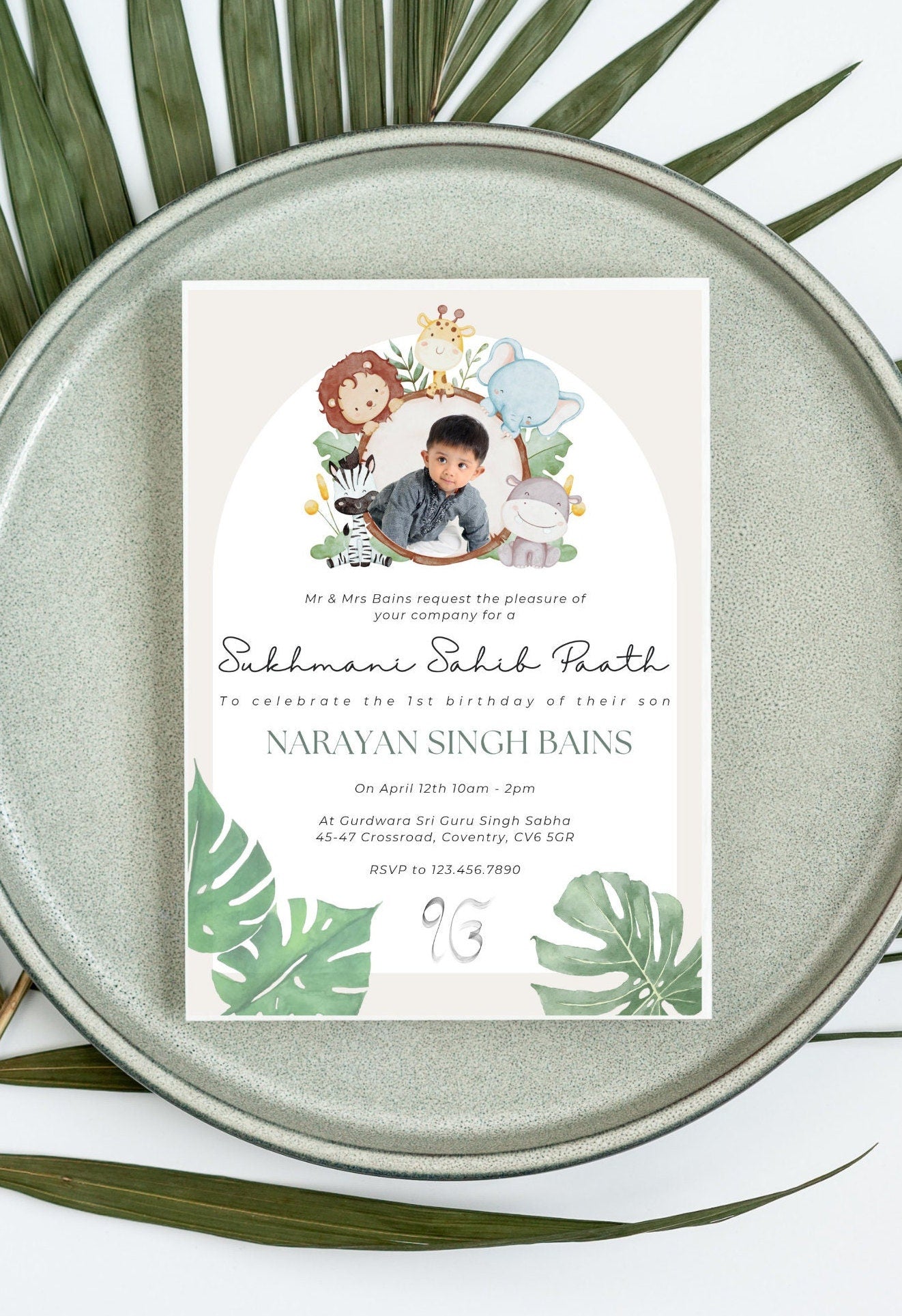 Editable Digital Sukhmani Sahib Paath Invitation, Modern Neutral Green Jungle Design, Canva Editable, Sikh Occasion, Boy's 1st Birthday