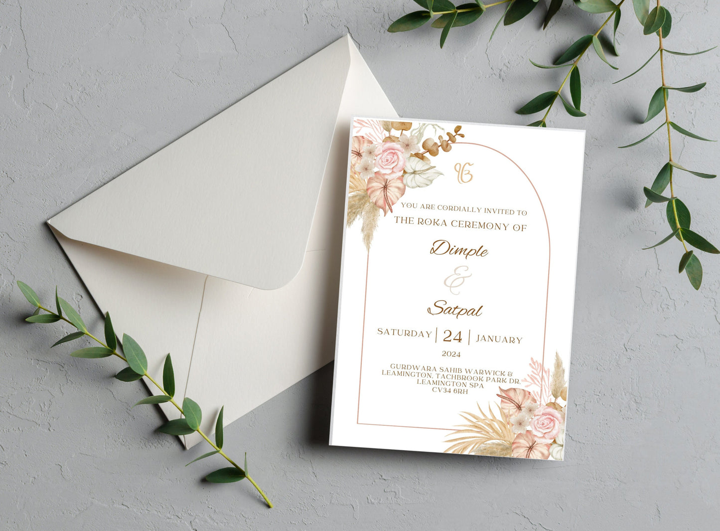 Editable Roka Chunni Takhar Ceremony Invite, Birthday, Modern Neutral Floral, Canva Editable, Sikh Occasion, Engagement DIY Invitation