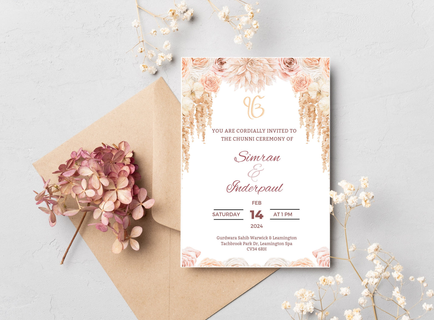 Editable Roka Chunni Takhar Ceremony Invite, Blessing, Modern Neutral Floral, Canva Editable, Sikh Occasion, Engagement DIY Invitation