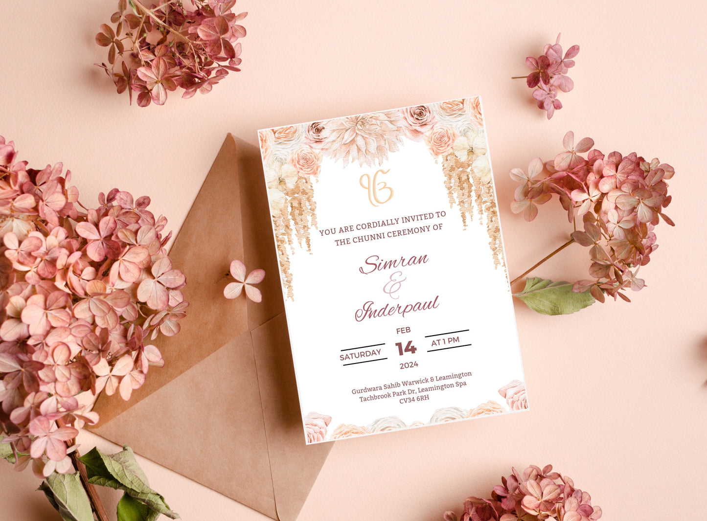 Editable Roka Chunni Takhar Ceremony Invite, Blessing, Modern Neutral Floral, Canva Editable, Sikh Occasion, Engagement DIY Invitation