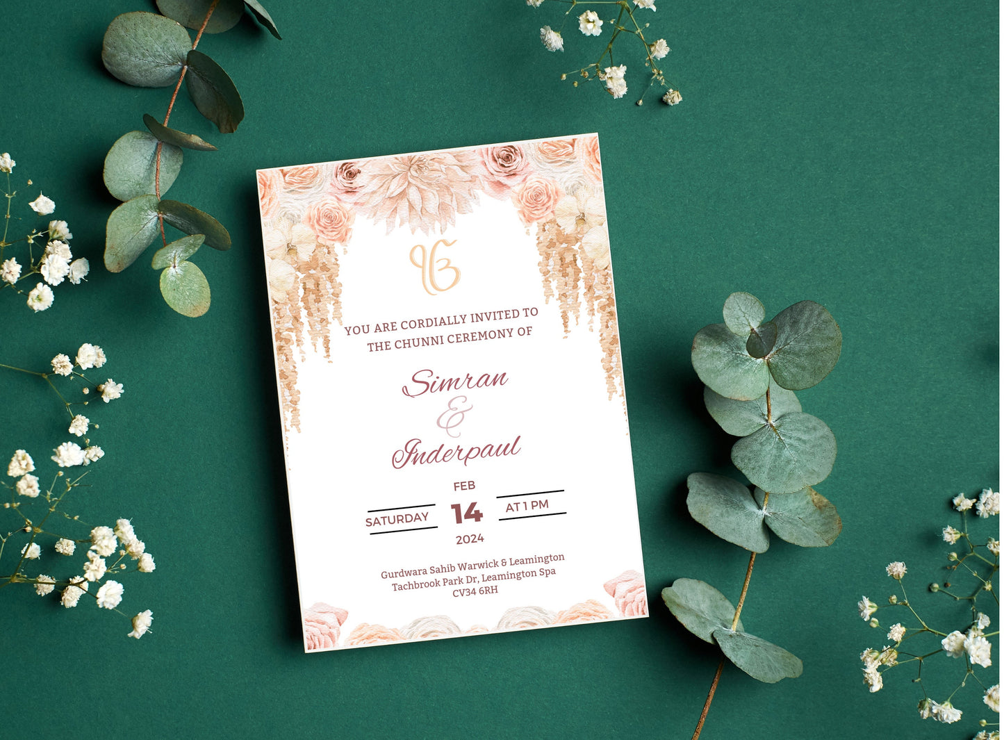 Editable Roka Chunni Takhar Ceremony Invite, Blessing, Modern Neutral Floral, Canva Editable, Sikh Occasion, Engagement DIY Invitation
