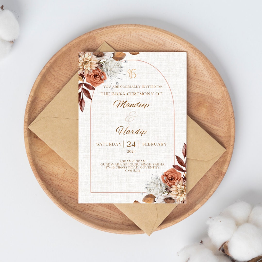 Digital Roka Chunni Takhar Ceremony Invite, Modern Floral Autumn Theme, Canva Editable, Sikh Occasion, Engagement DIY Invitation
