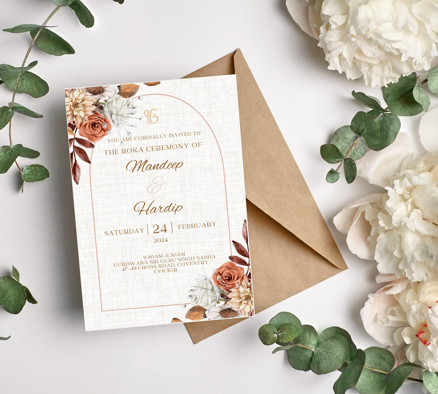 Digital Roka Chunni Takhar Ceremony Invite, Modern Floral Autumn Theme, Canva Editable, Sikh Occasion, Engagement DIY Invitation