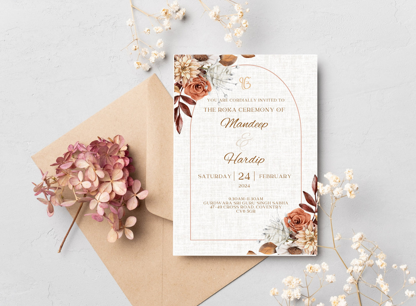 roka ceremony, chunni engagement, takha ceremony, autumn theme, floral theme, minimalist aesthetic