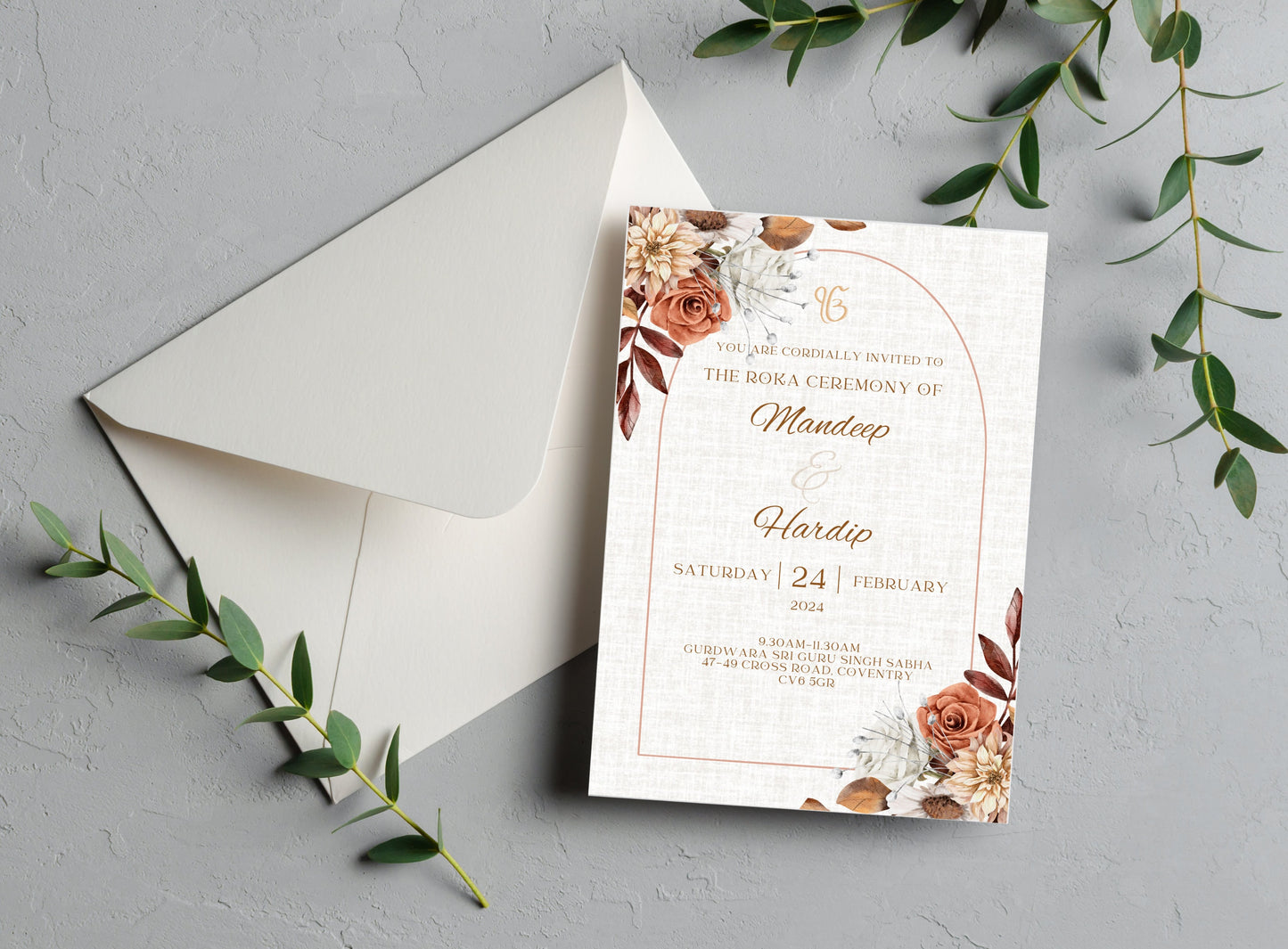 Digital Roka Chunni Takhar Ceremony Invite, Modern Floral Autumn Theme, Canva Editable, Sikh Occasion, Engagement DIY Invitation