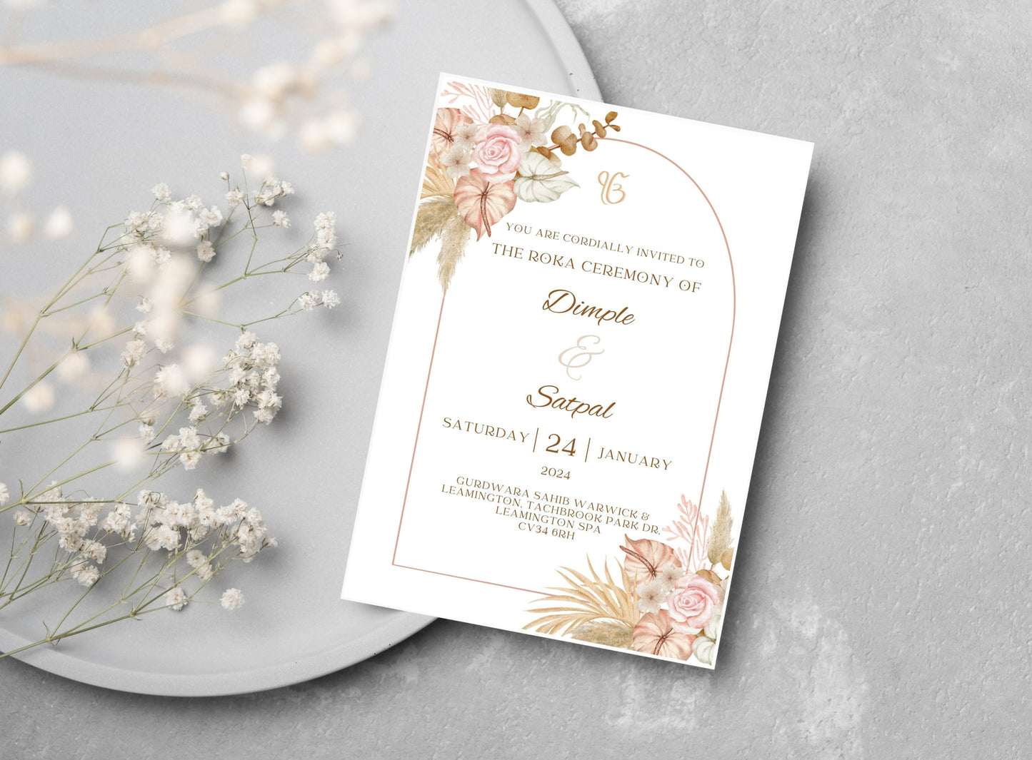 Editable Roka Chunni Takhar Ceremony Invite, Birthday, Modern Neutral Floral, Canva Editable, Sikh Occasion, Engagement DIY Invitation