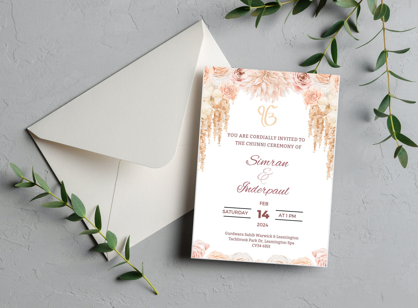 Editable Roka Chunni Takhar Ceremony Invite, Blessing, Modern Neutral Floral, Canva Editable, Sikh Occasion, Engagement DIY Invitation