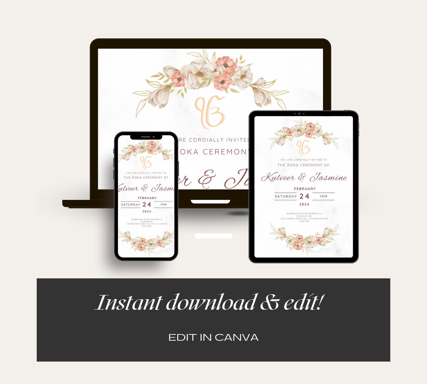 Editable Roka Chunni Takhar Ceremony Invite, Birthday, Modern Neutral Floral, Canva Editable, Sikh Wedding Decor, Engagement, DIY Invitation