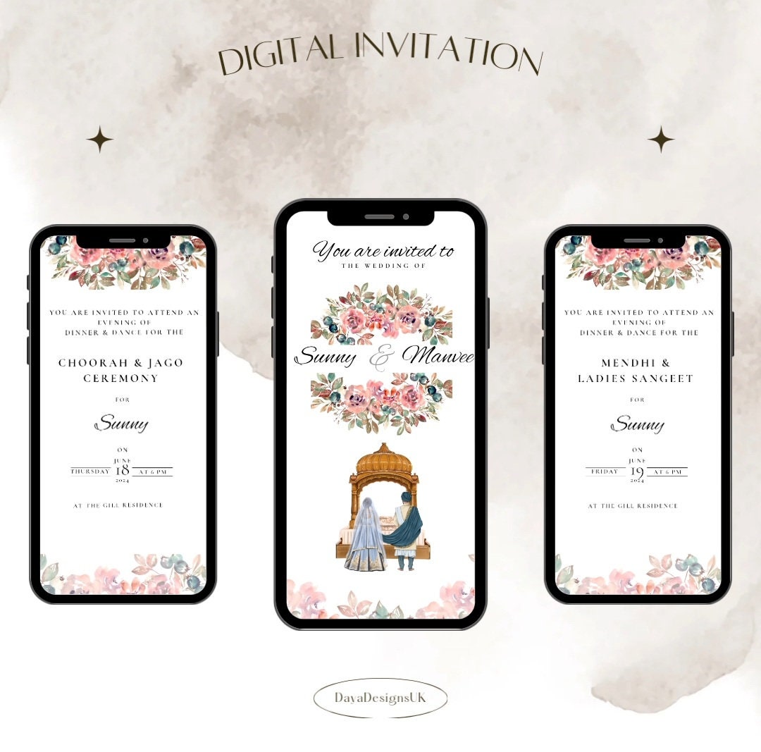 Sikh Wedding Video Invite, Done For You, Modern Floral, Digital Invitation, Sikh Wedding Programme, Engagement Jago Sangeet Choorah
