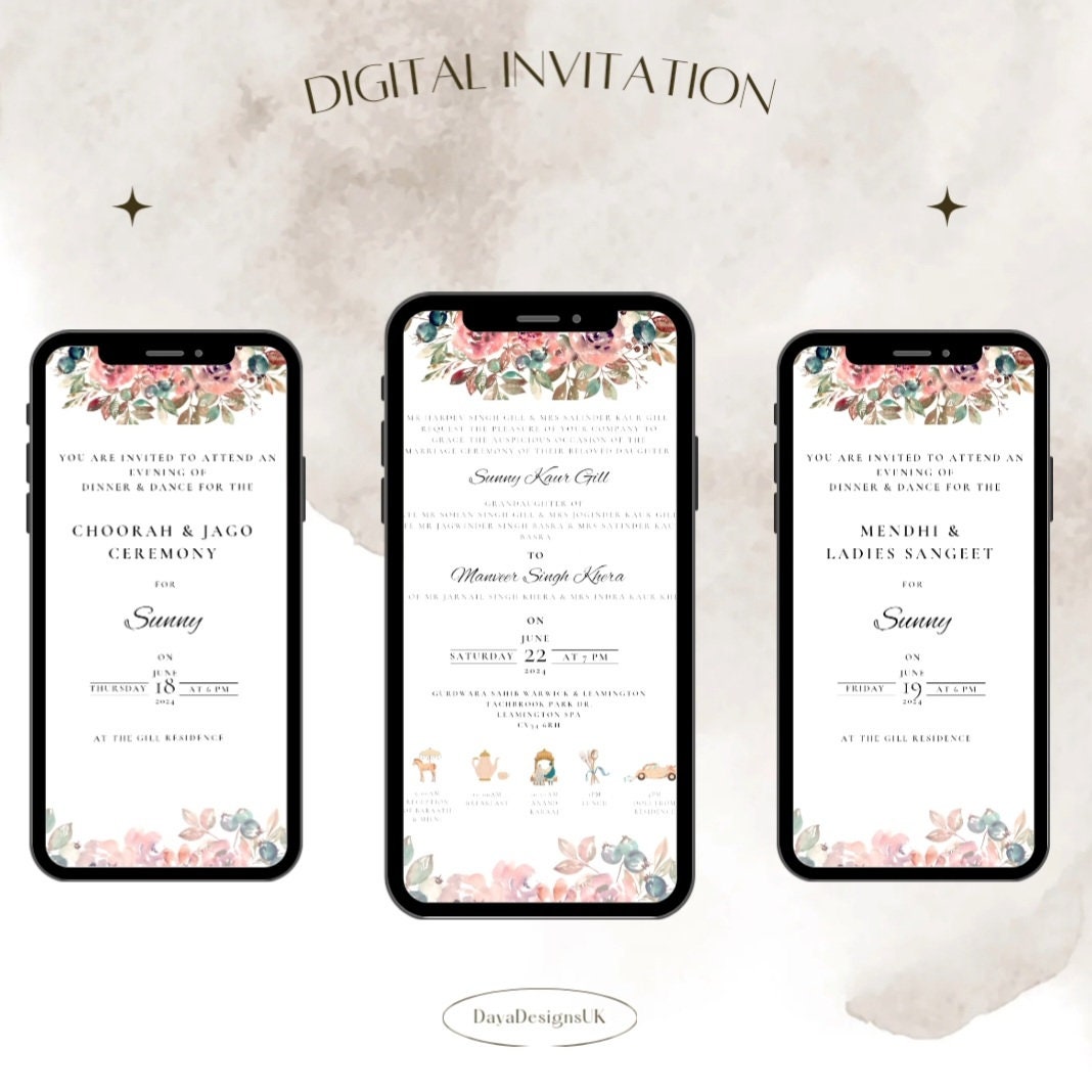 Sikh Wedding Video Invite, Done For You, Modern Floral, Digital Invitation, Sikh Wedding Programme, Engagement Jago Sangeet Choorah
