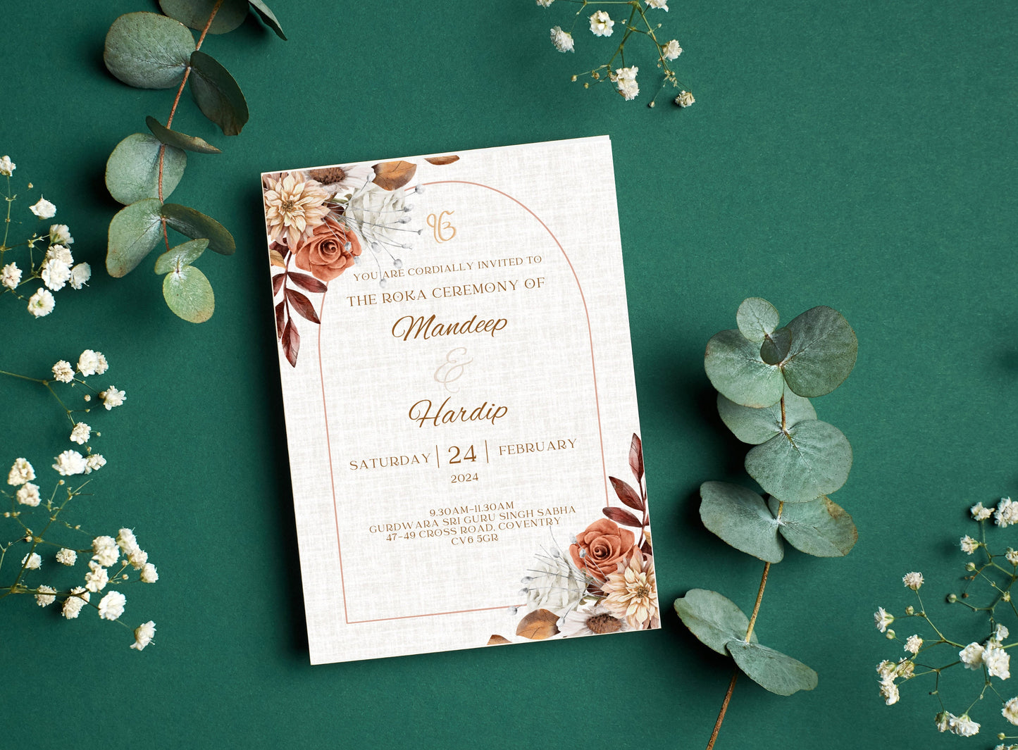 Digital Roka Chunni Takhar Ceremony Invite, Modern Floral Autumn Theme, Canva Editable, Sikh Occasion, Engagement DIY Invitation