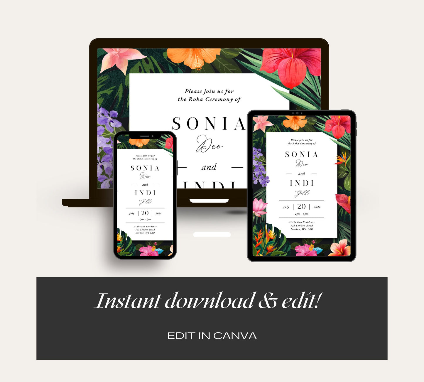 Bespoke Roka Chunni Takhar Ceremony Invite, Modern Neutral Floral, Canva Editable, Sikh Occasion, Engagement DIY Invitation