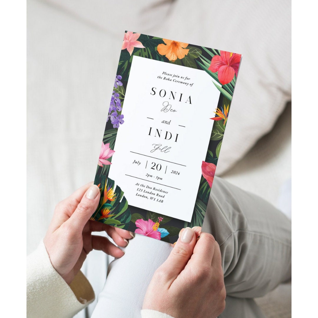 Bespoke Roka Chunni Takhar Ceremony Invite, Modern Neutral Floral, Canva Editable, Sikh Occasion, Engagement DIY Invitation