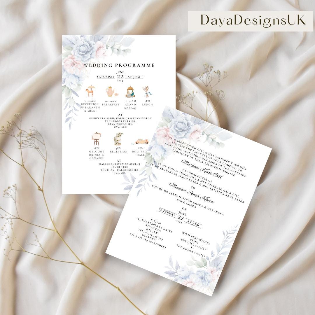 Indian Wedding Invitation Template, 5 page Bundle, Complete Wedding Programme, Instant Download