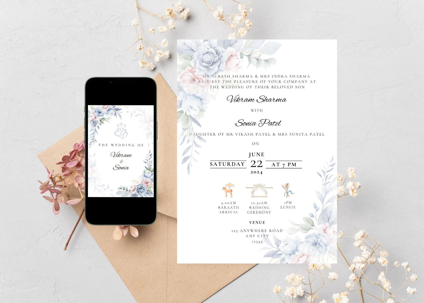 Hindu Wedding Invitation Template, 5 page Bundle, Complete Wedding Programme, Instant Download