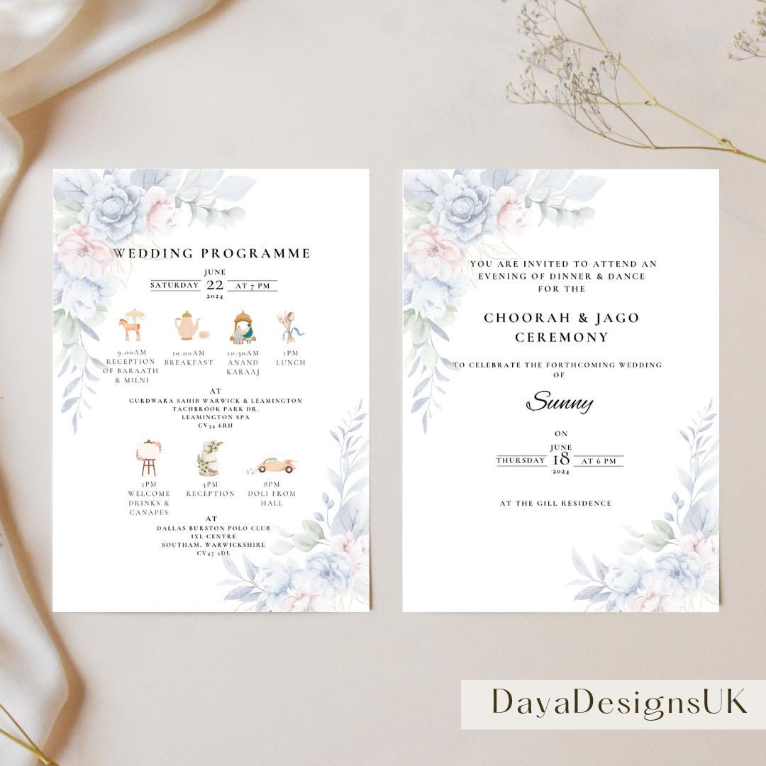 Indian Wedding Invitation Template, 5 page Bundle, Complete Wedding Programme, Instant Download