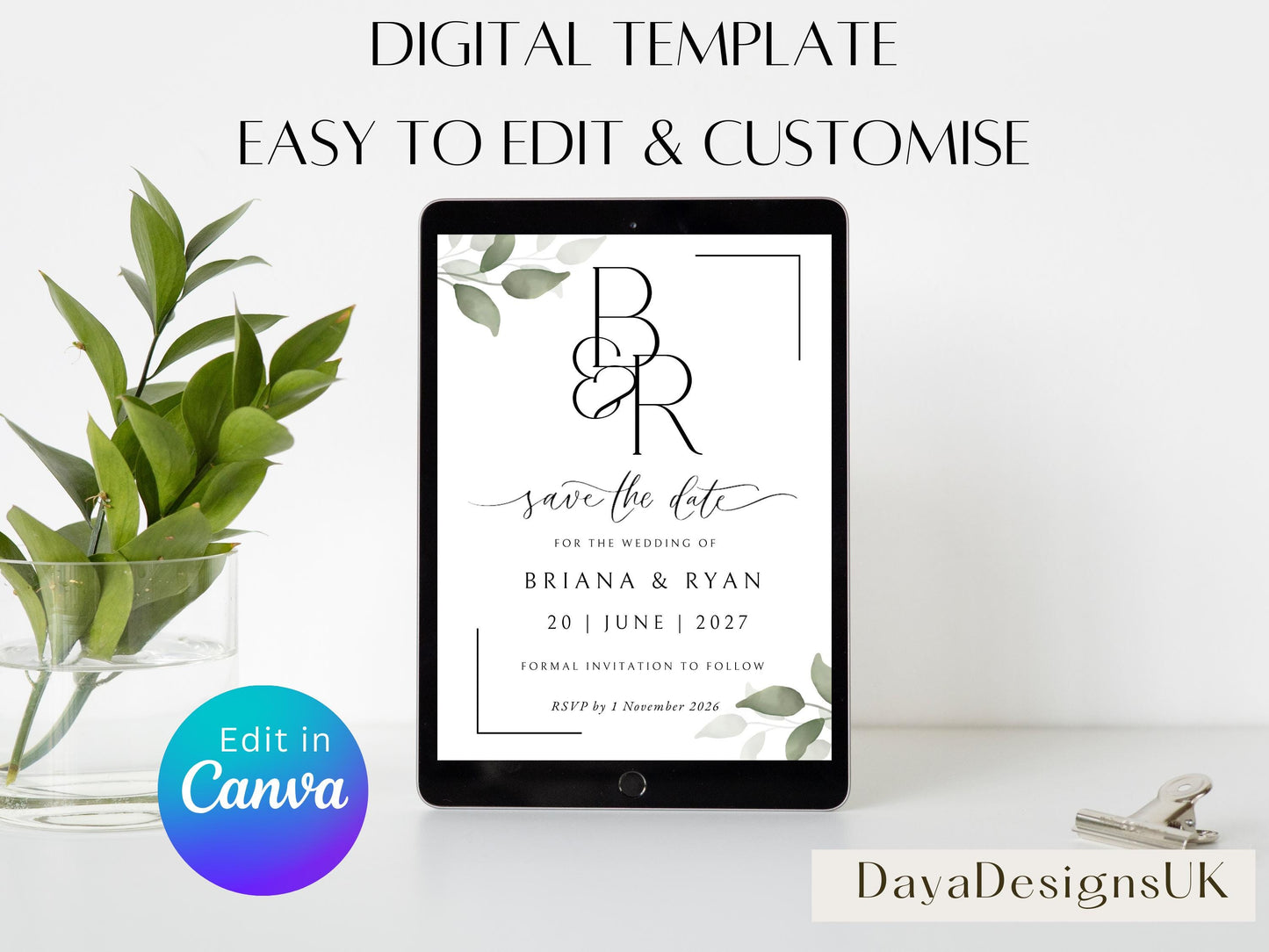 Save The Date Template, Eucalyptus Digital Save the Date Digital Download, Smartphone, Greenery Template, Editable
