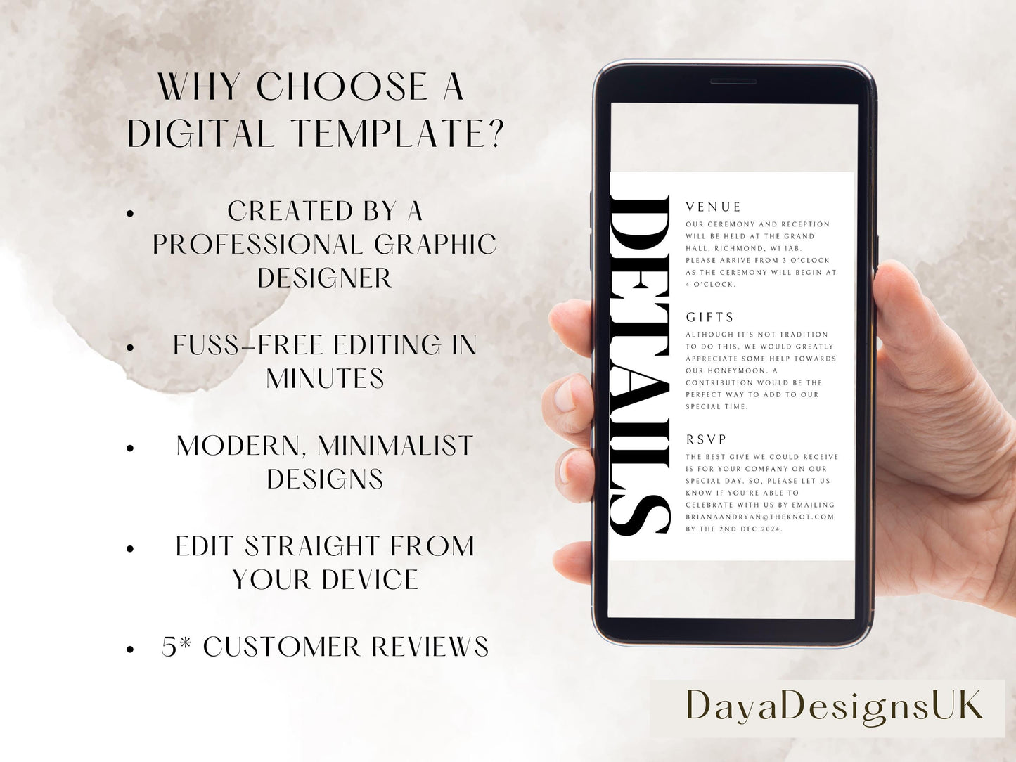 Minimalist Save The Date + Wedding Template Bundle, Black and White Digital Download, Smartphone, Aesthetic Template, Editable