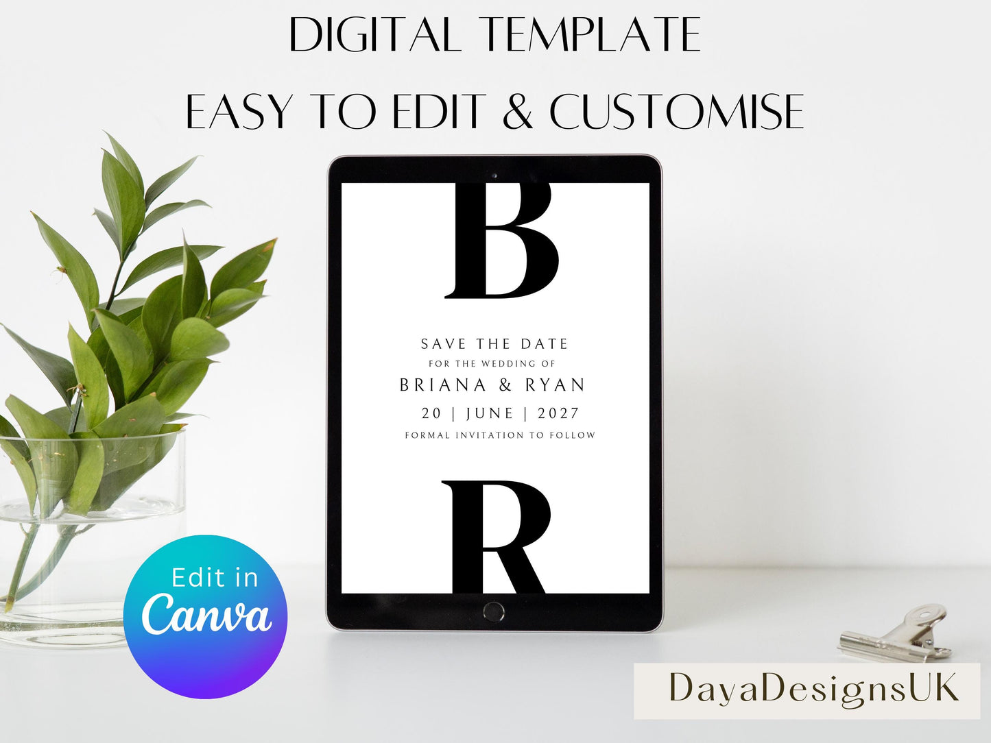 Minimalist Save The Date + Wedding Template Bundle, Black and White Digital Download, Smartphone, Aesthetic Template, Editable