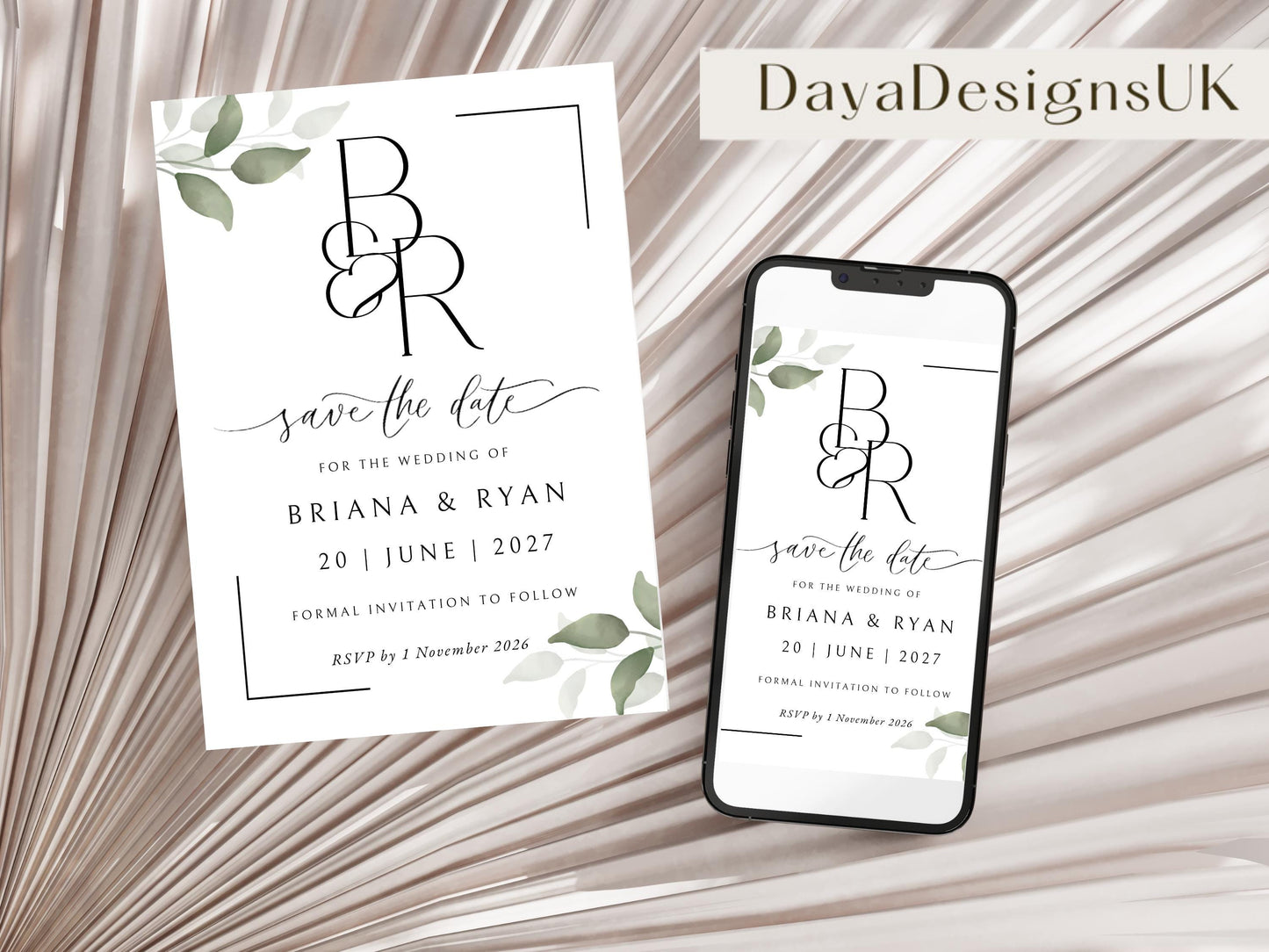 Save The Date Template, Eucalyptus Digital Save the Date Digital Download, Smartphone, Greenery Template, Editable