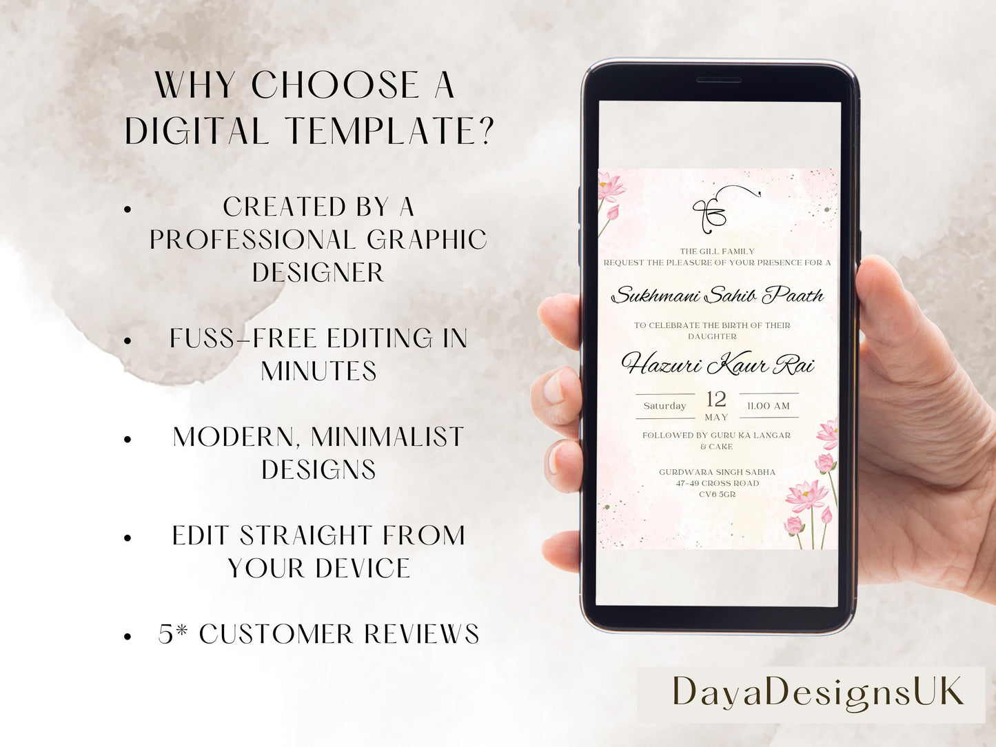 Sukhmani Sahib Path Digital Invitation, Birth of Daughter, 1st Birthday, Modern Floral Decor, Canva Editable, Sikh Programme