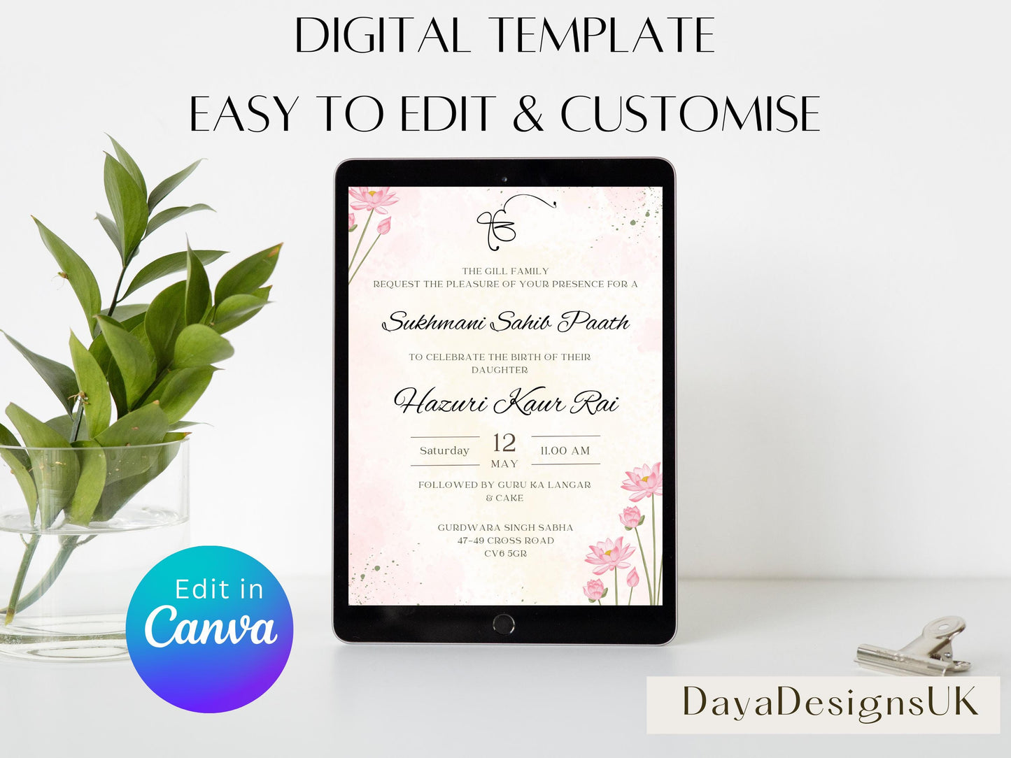 Sukhmani Sahib Path Digital Invitation, Birth of Daughter, 1st Birthday, Modern Floral Decor, Canva Editable, Sikh Programme