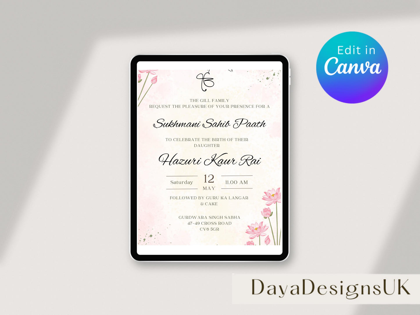 Sukhmani Sahib Path Digital Invitation, Birth of Daughter, 1st Birthday, Modern Floral Decor, Canva Editable, Sikh Programme