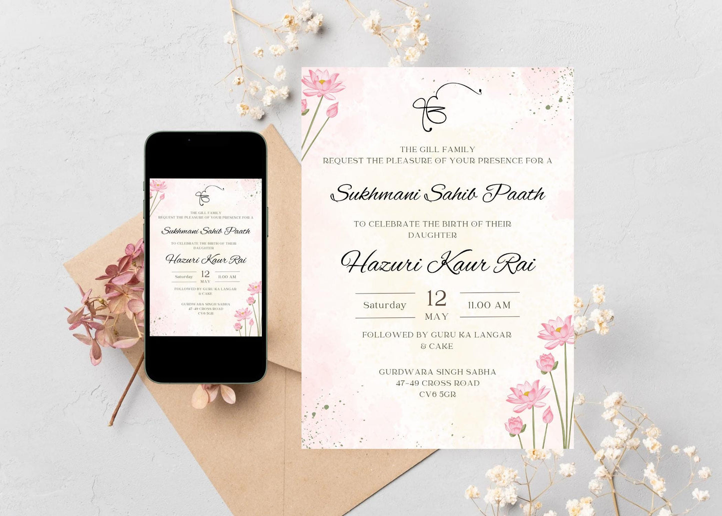Sukhmani Sahib Path Digital Invitation, Birth of Daughter, 1st Birthday, Modern Floral Decor, Canva Editable, Sikh Programme