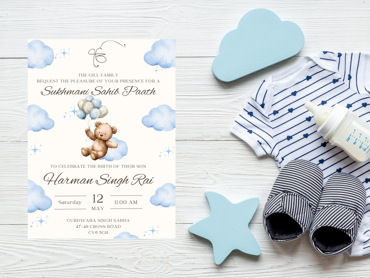 Sukhmani Sahib Path Invitation, Birth of Son, Modern Blue Cloud Balloon Teddy Theme, Canva Editable, Sikh, Boy's 1st Birthday