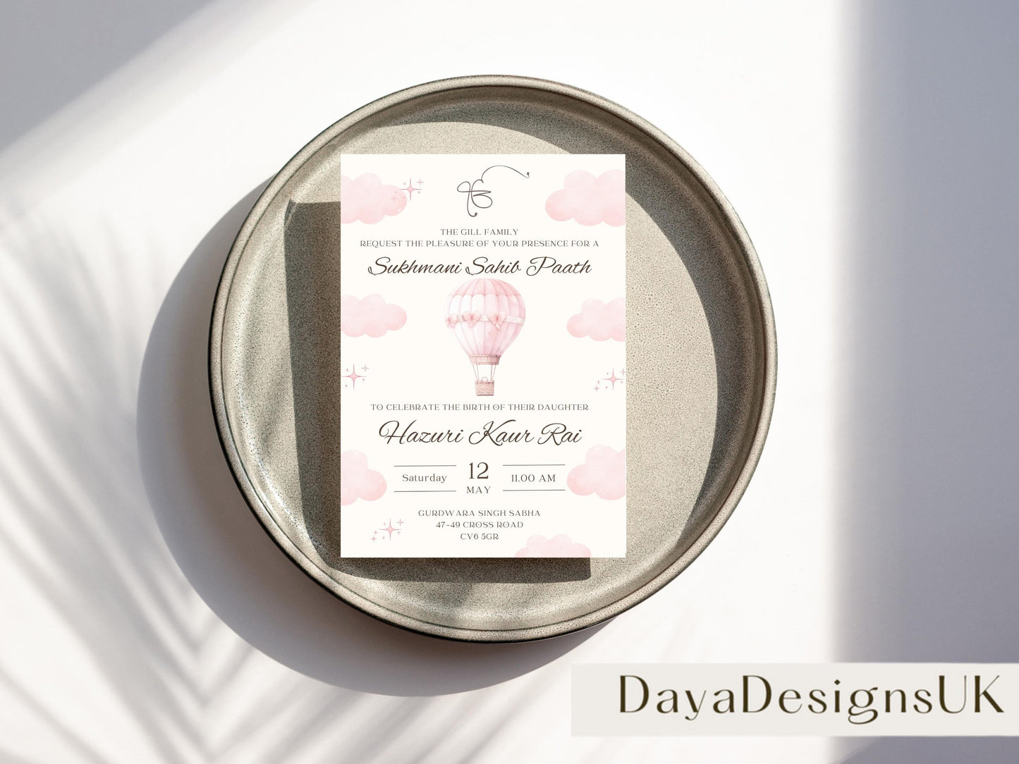 Sukhmani Sahib Path Digital Invitation, Daughter's 1st Birthday, Modern Minimalist Pink Hot Air Balloon, Editable Template, Sikh Programme