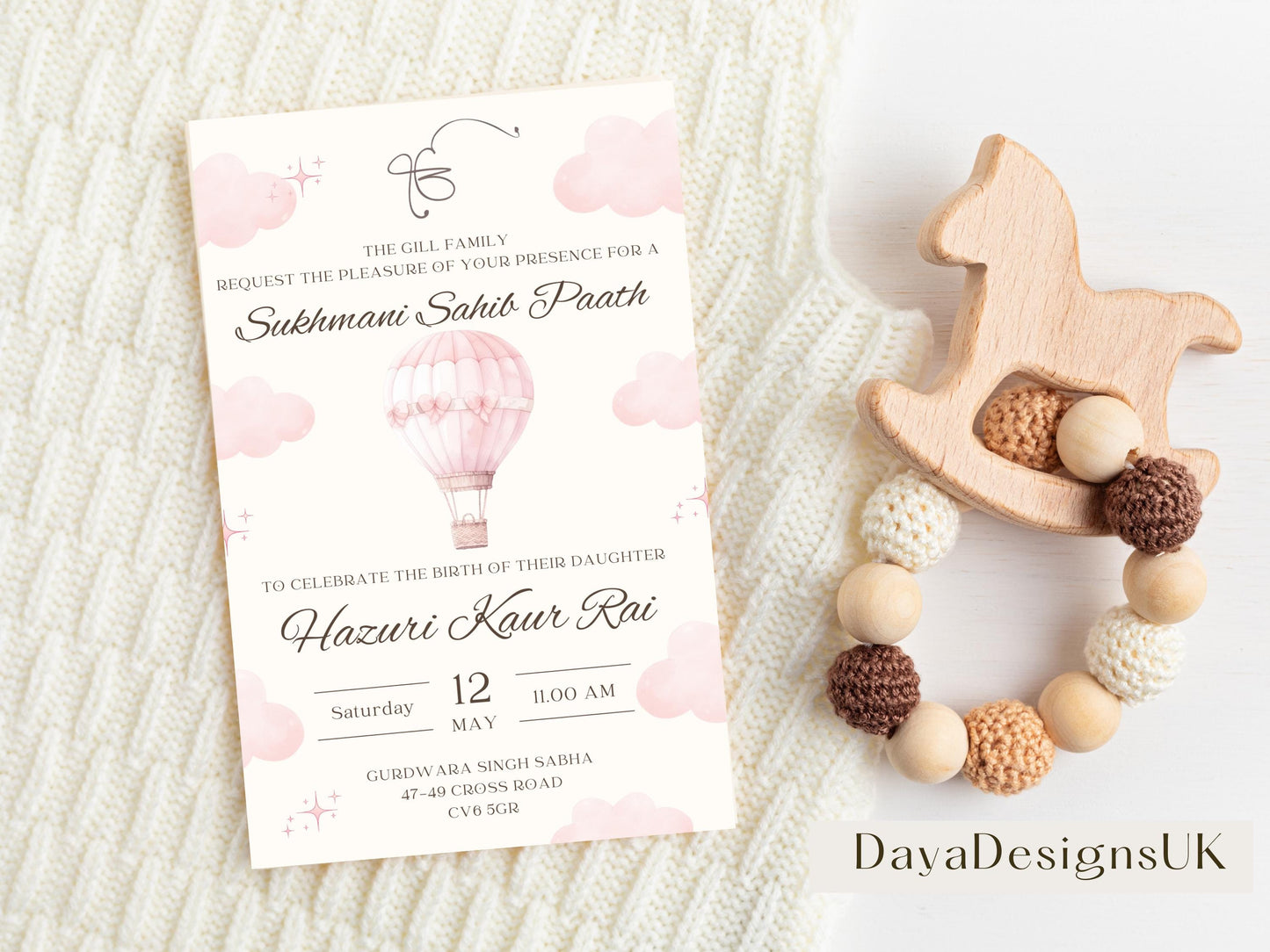 Sukhmani Sahib Path Digital Invitation, Daughter's 1st Birthday, Modern Minimalist Pink Hot Air Balloon, Editable Template, Sikh Programme
