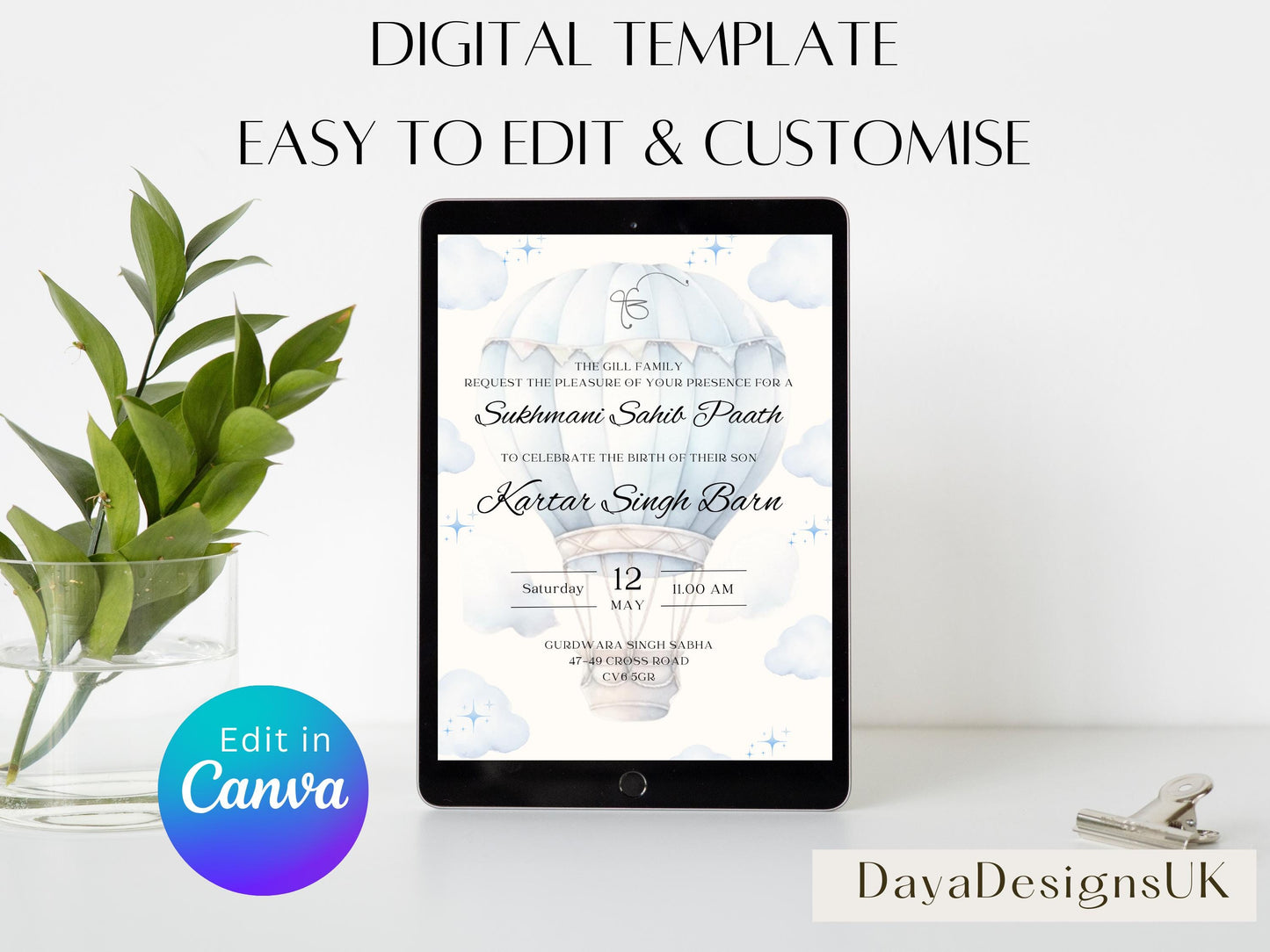 Digital Sukhmani Sahib Path Invitation, Birth of Son, Modern Blue Cloud Balloon Teddy Theme, Canva Editable, Sikh, Boy's 1st Birthday